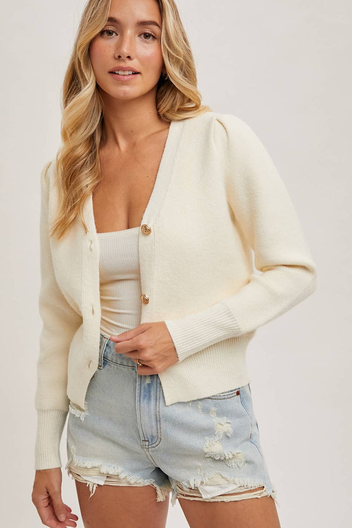 Button Down V - Neck Cardigan Cream - The Color Collab