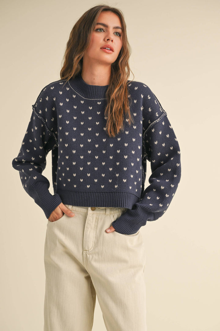 Patterned Crop Sweater Top - Navy