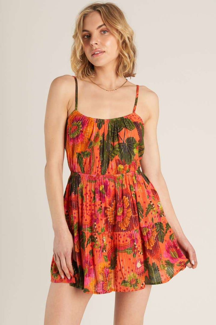 Tropical Print Mini Dress with Lurex Stripes