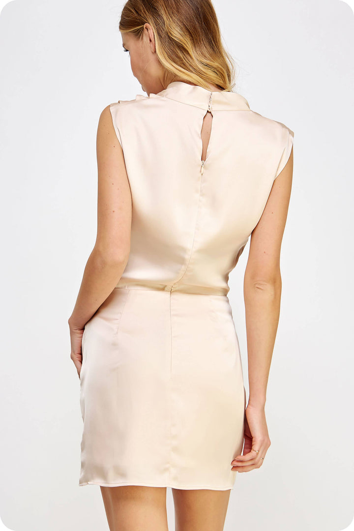 Draped Neckline Sleeveless Satin Dress