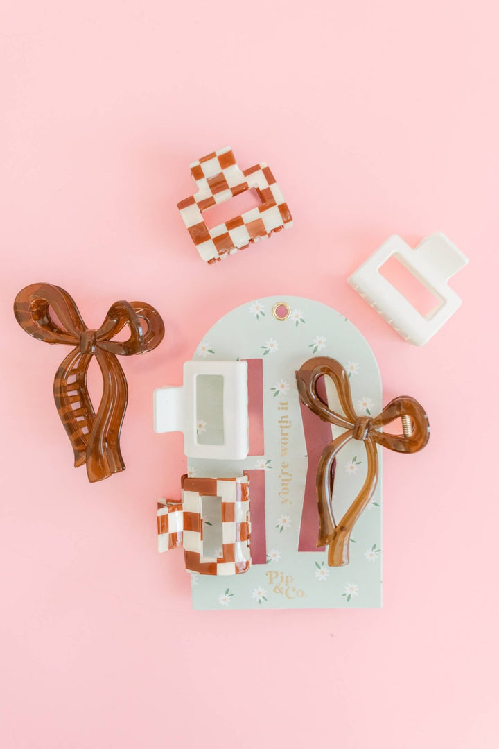 Claw Clip Set of 3 – Checker, Cream & Bow - The Color Collab