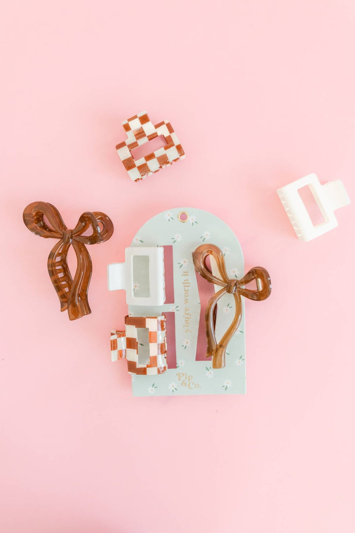 Claw Clip Set of 3 – Checker, Cream & Bow - The Color Collab
