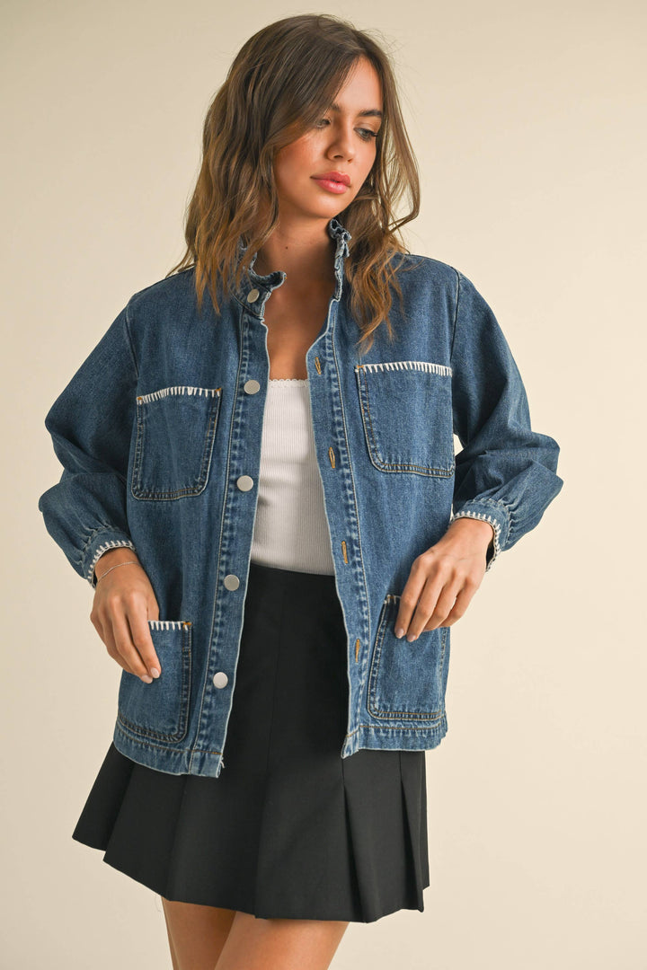 Stitch Detail Ruffled Denim Jacket