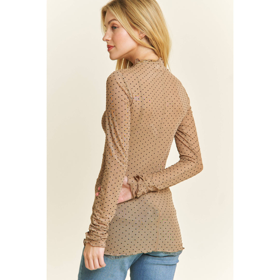 Nude Polka-Dot Mesh Long Sleeve Top