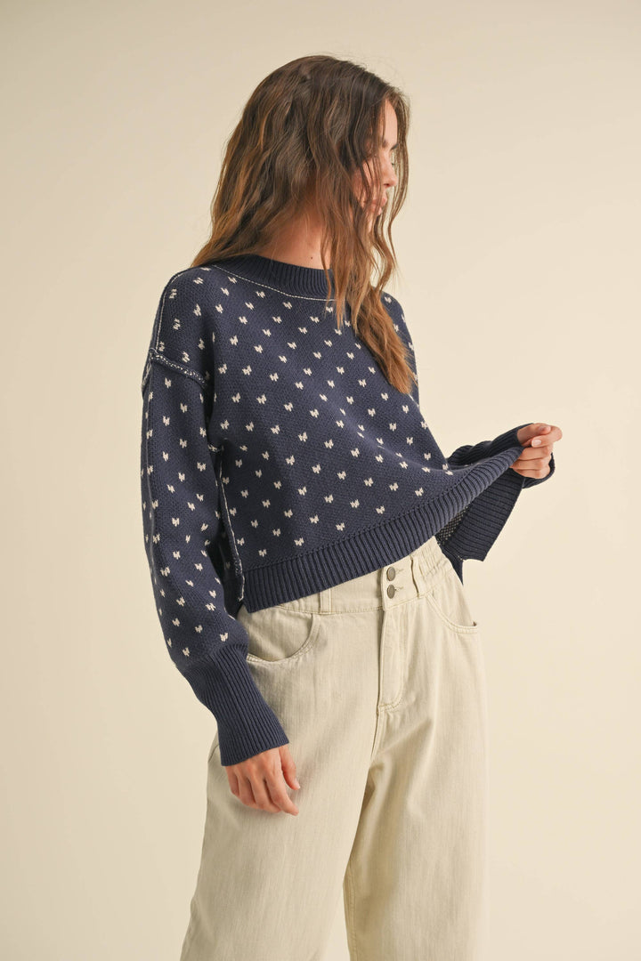 Patterned Crop Sweater Top - Navy