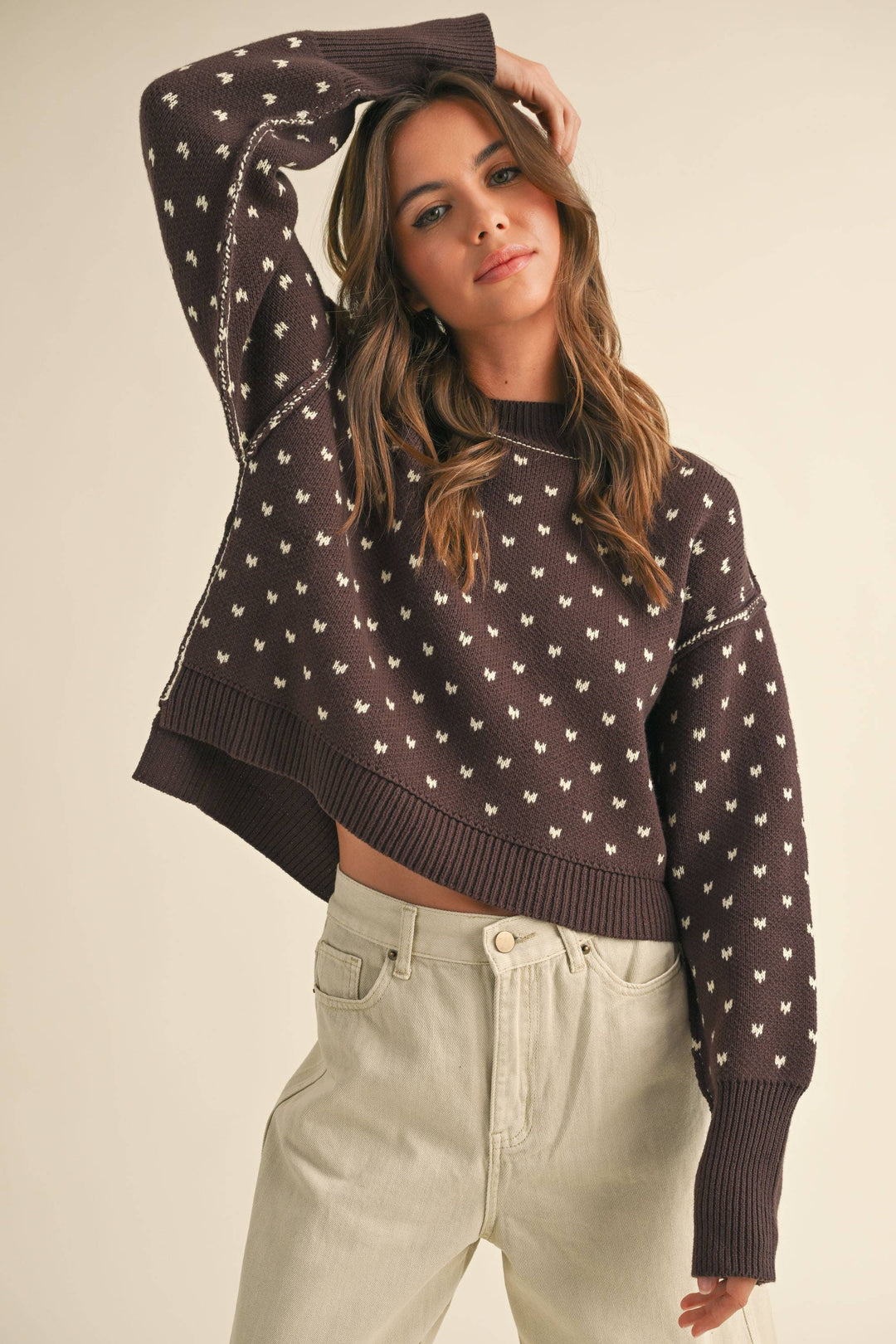 Patterned Crop Sweater Top - Navy