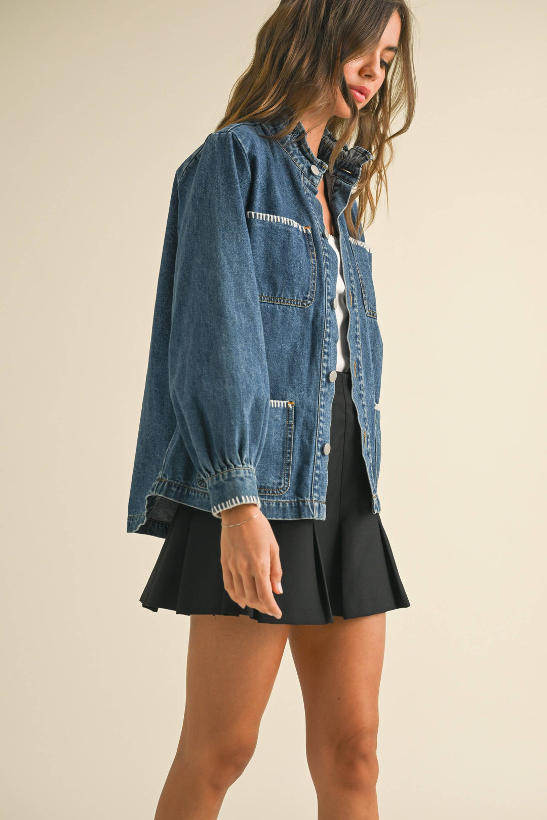 Stitch Detail Ruffled Denim Jacket