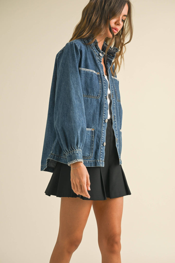 Stitch Detail Ruffled Denim Jacket
