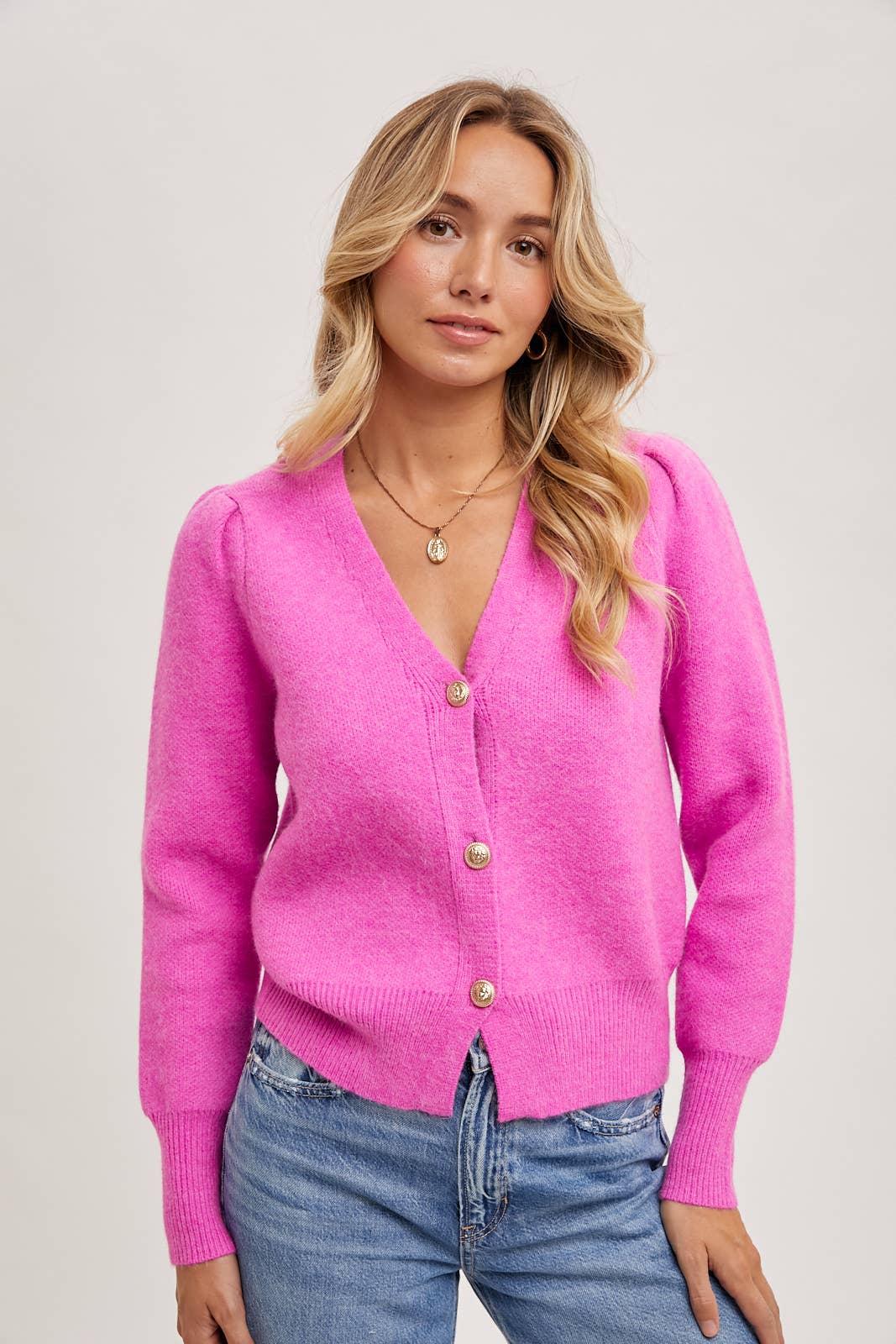 Button Down V-Neck Cardigan (Hot Pink)