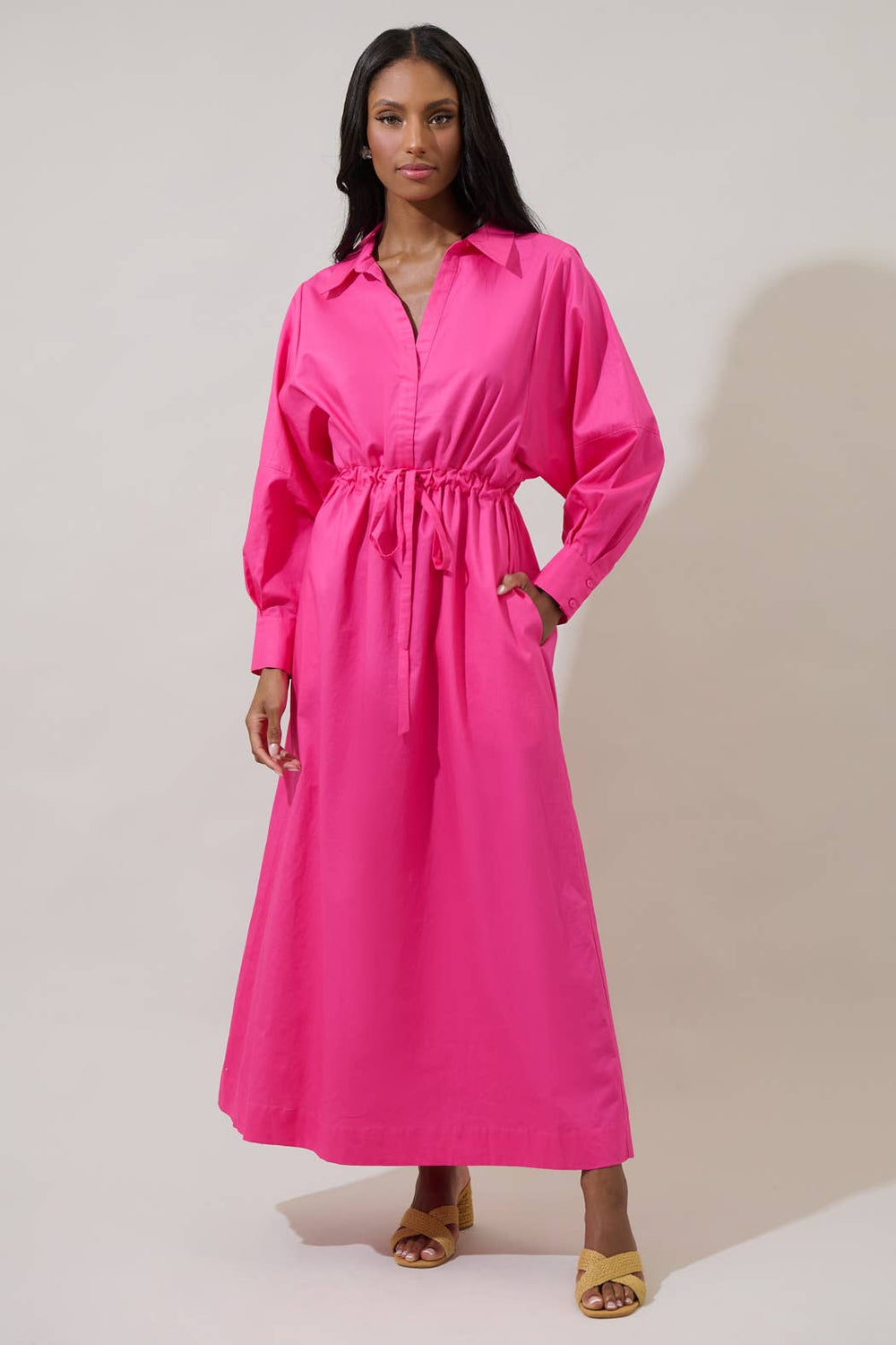 Faiza Dolman Sleeve Poplin Maxi Dress: Fuschia - The Color Collab