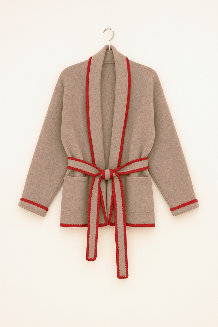 Flat White WhipStitch Cardigan with Belt - Heather Taupe - The Color Collab