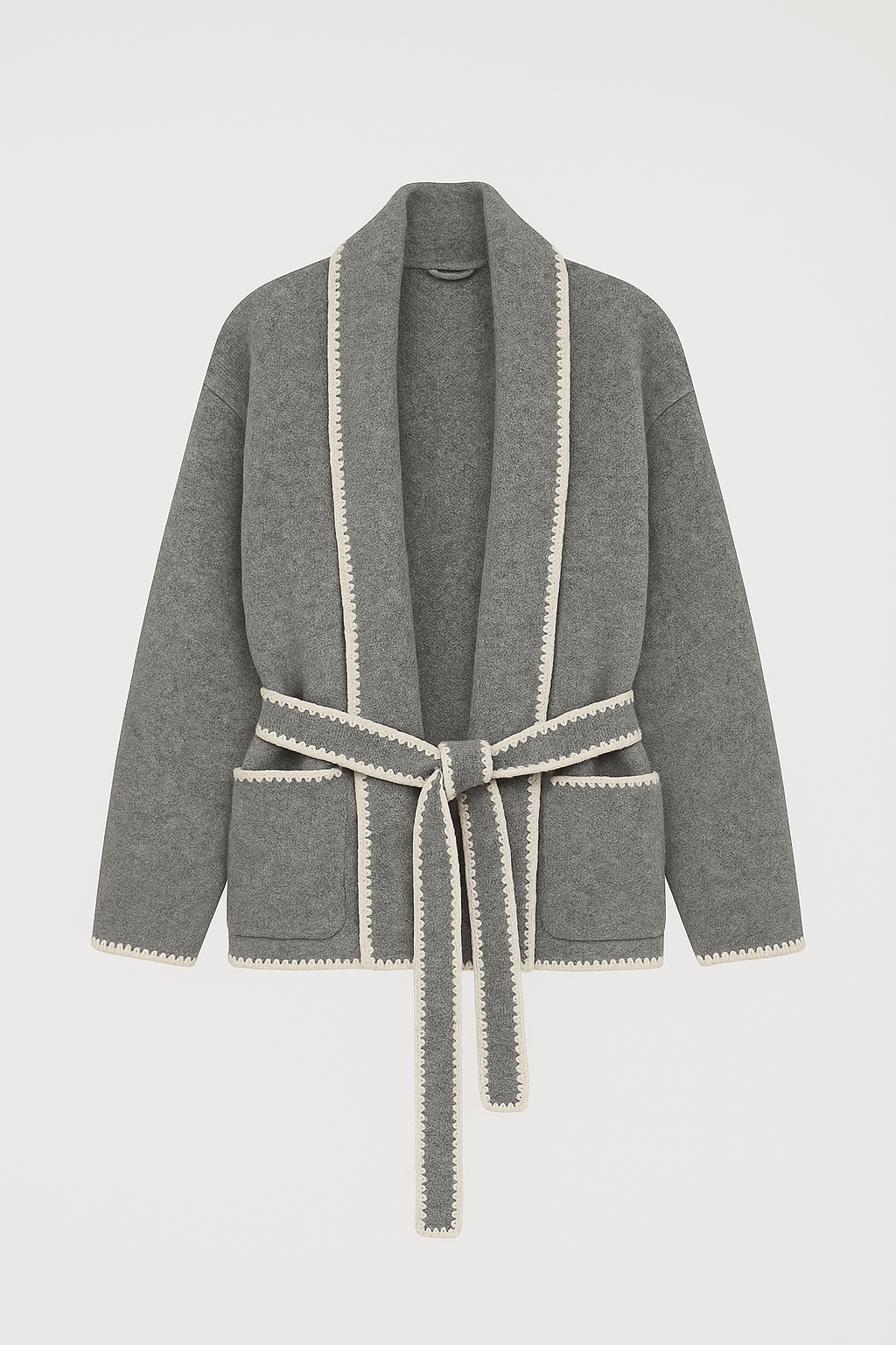 Flat White WhipStitch Cardigan with Belt in Heather Grey - The Color Collab