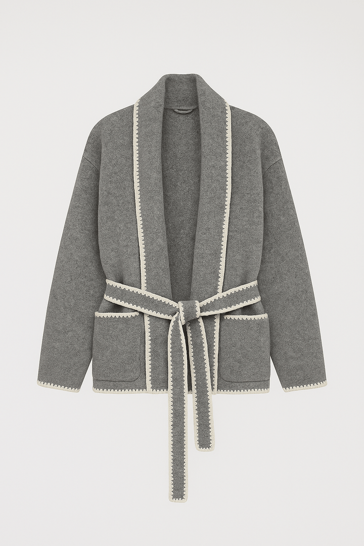 Flat White WhipStitch Cardigan with Belt in Heather Grey - The Color Collab
