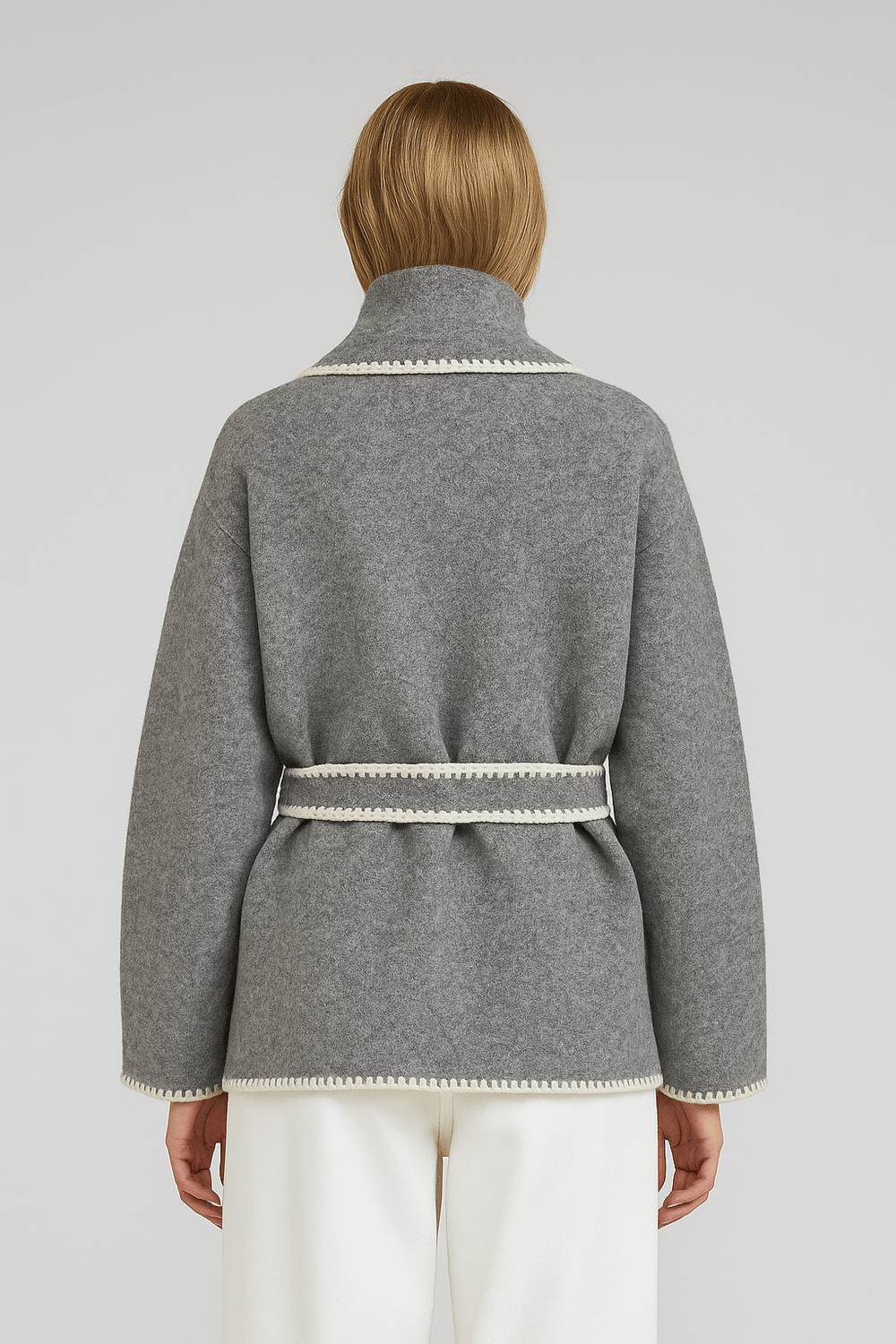 Flat White WhipStitch Cardigan with Belt in Heather Grey - The Color Collab