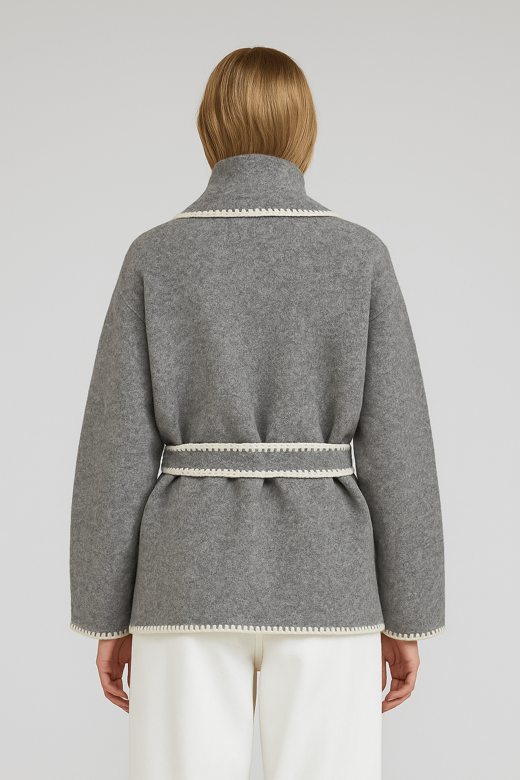 Flat White WhipStitch Cardigan with Belt in Heather Grey - The Color Collab