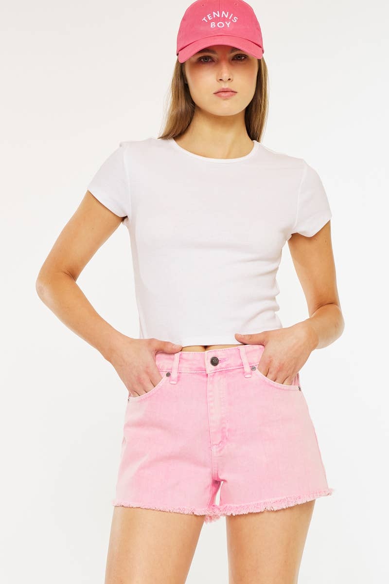 HIGH RISE FRAYED DENIM SHORT - PINK - The Color Collab