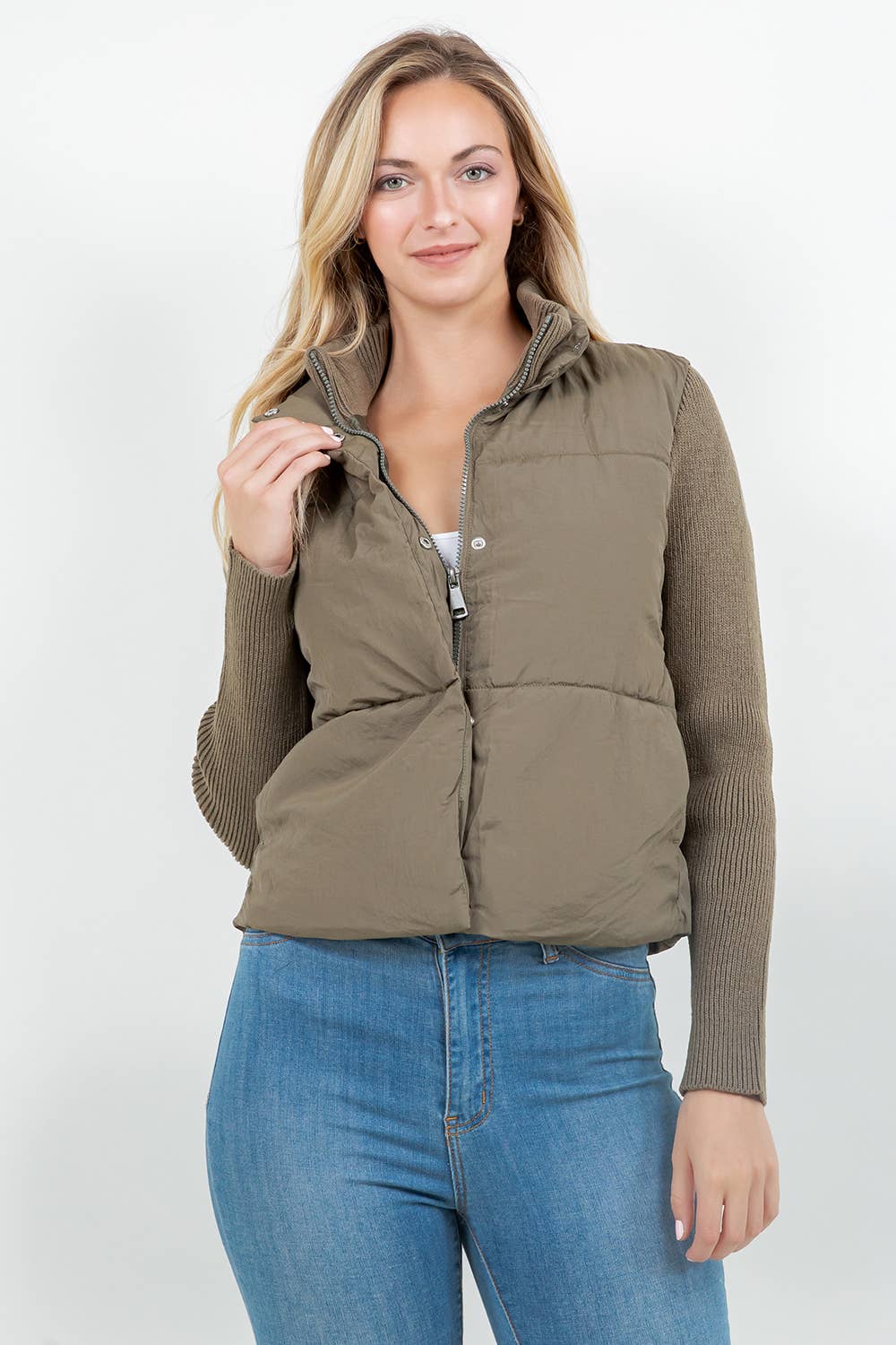 Knit Sleeve Quilted Puffer Jacket - The Color Collab