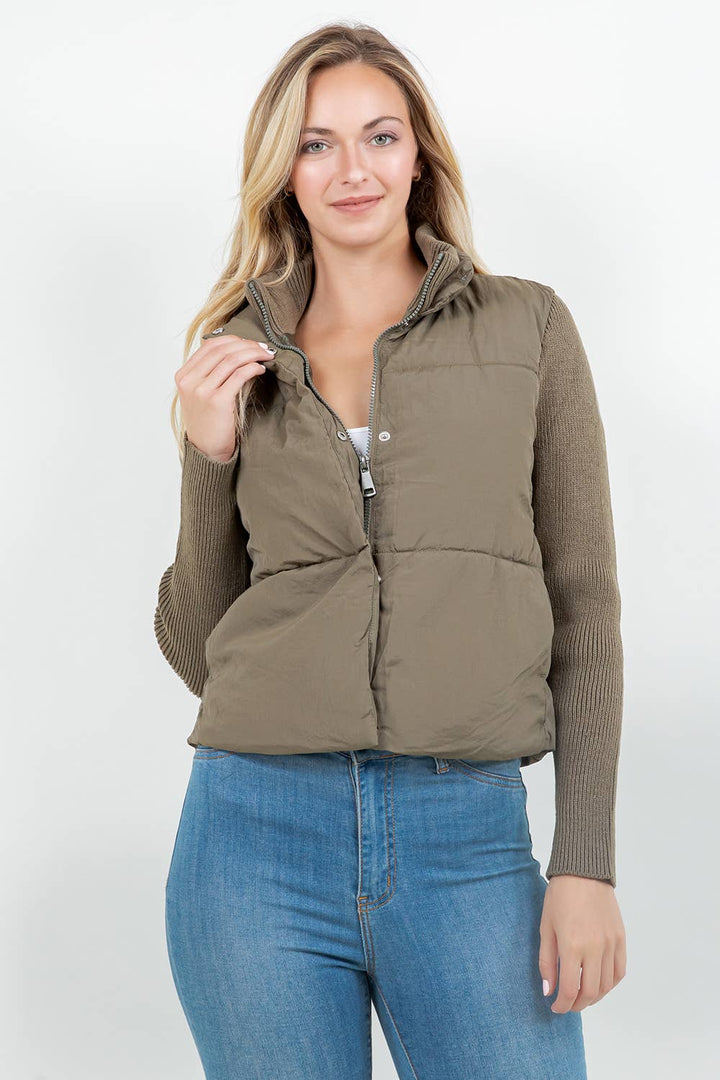 Knit Sleeve Quilted Puffer Jacket - The Color Collab