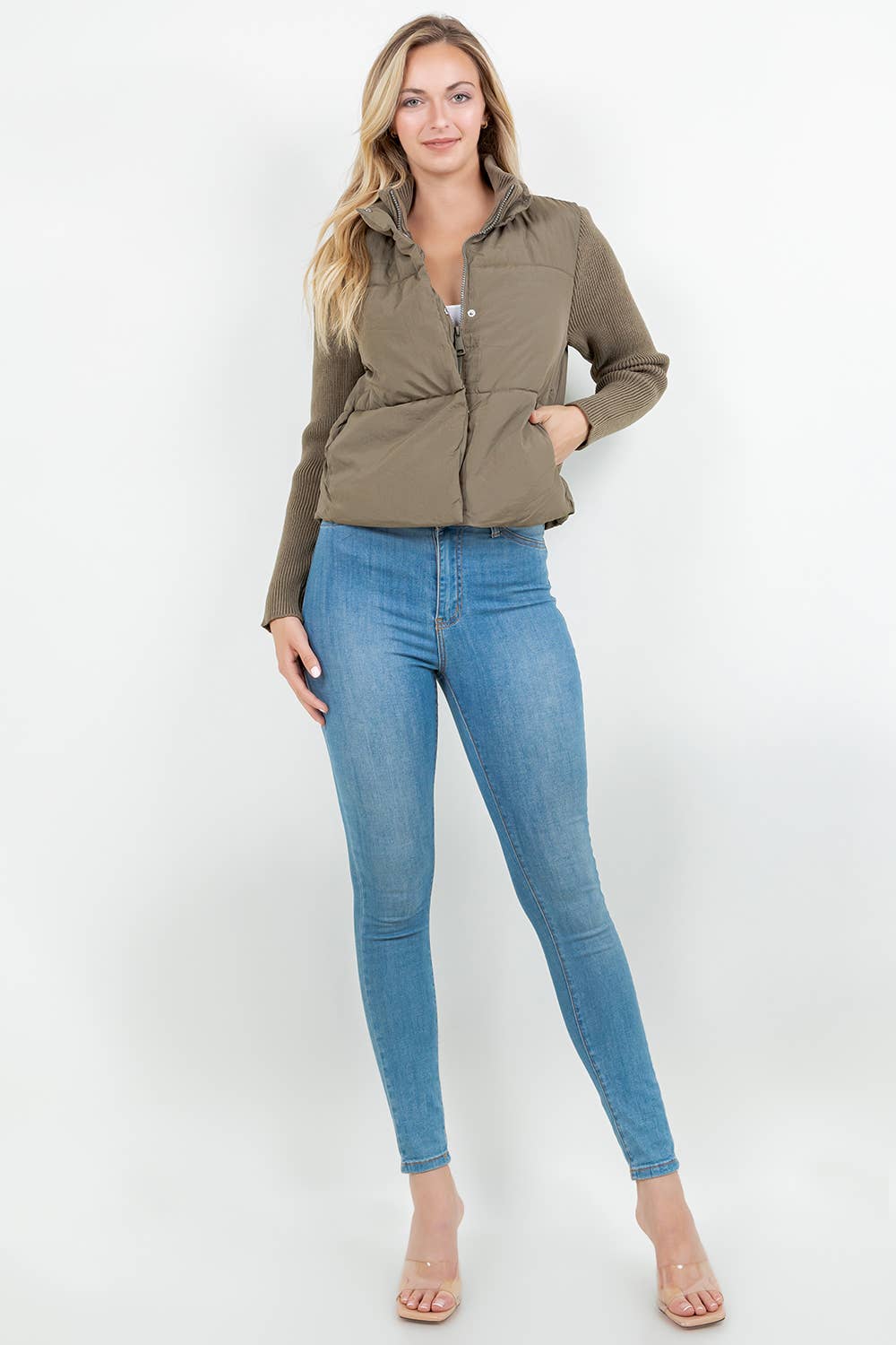 Knit Sleeve Quilted Puffer Jacket - The Color Collab