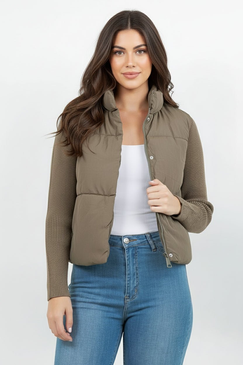 Knit Sleeve Quilted Puffer Jacket - The Color Collab