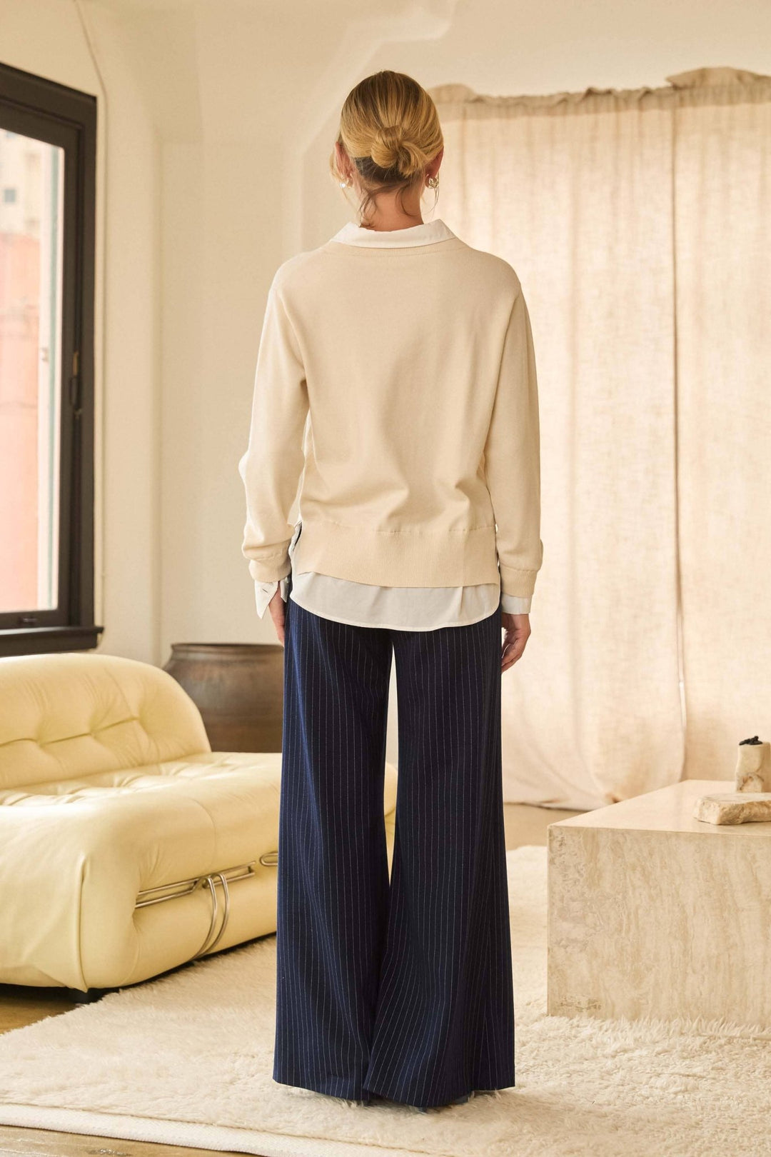 Layered Look V - Neck Mixed Media Sweater: Ivory - White - The Color Collab