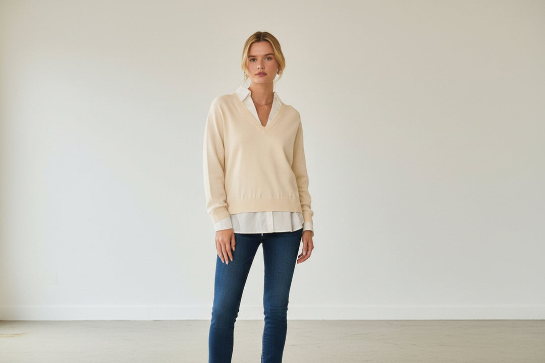 Layered Look V - Neck Mixed Media Sweater: Ivory - White - The Color Collab