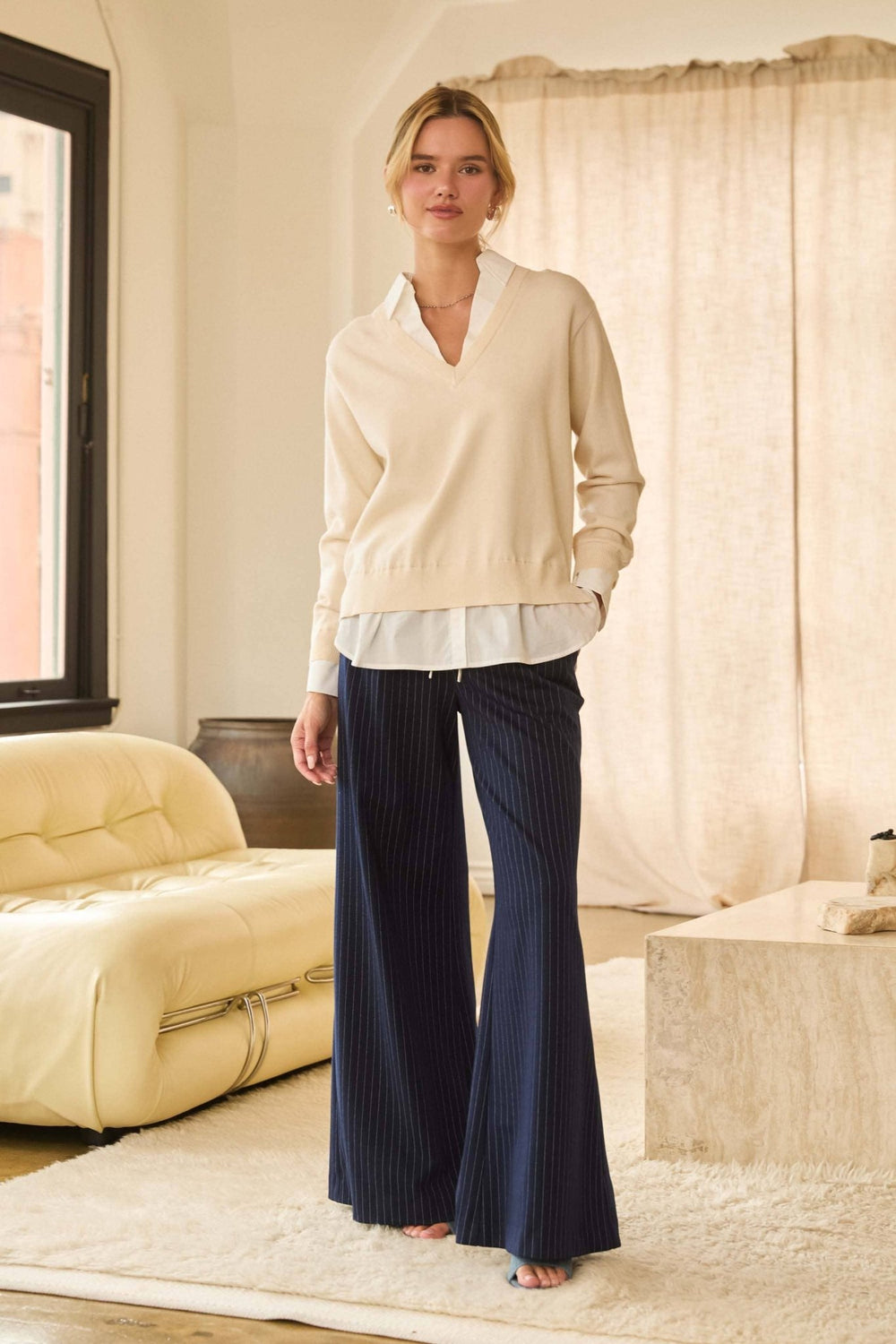 Layered Look V - Neck Mixed Media Sweater: Ivory - White - The Color Collab