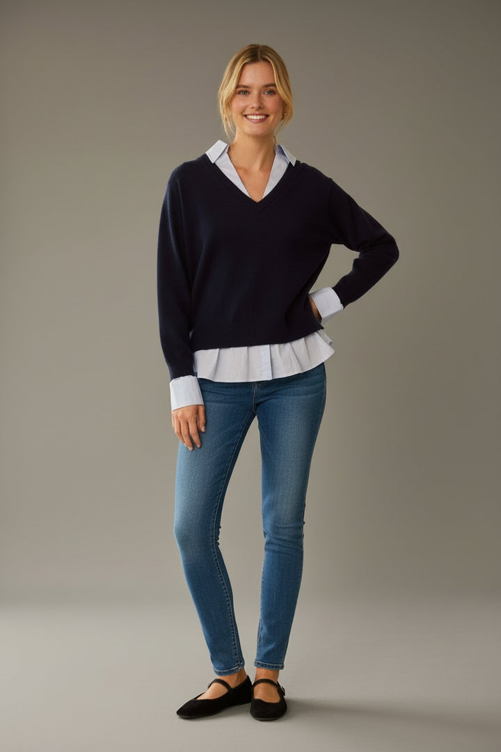 Layered Look V - Neck Mixed Media Sweater - Navy - The Color Collab