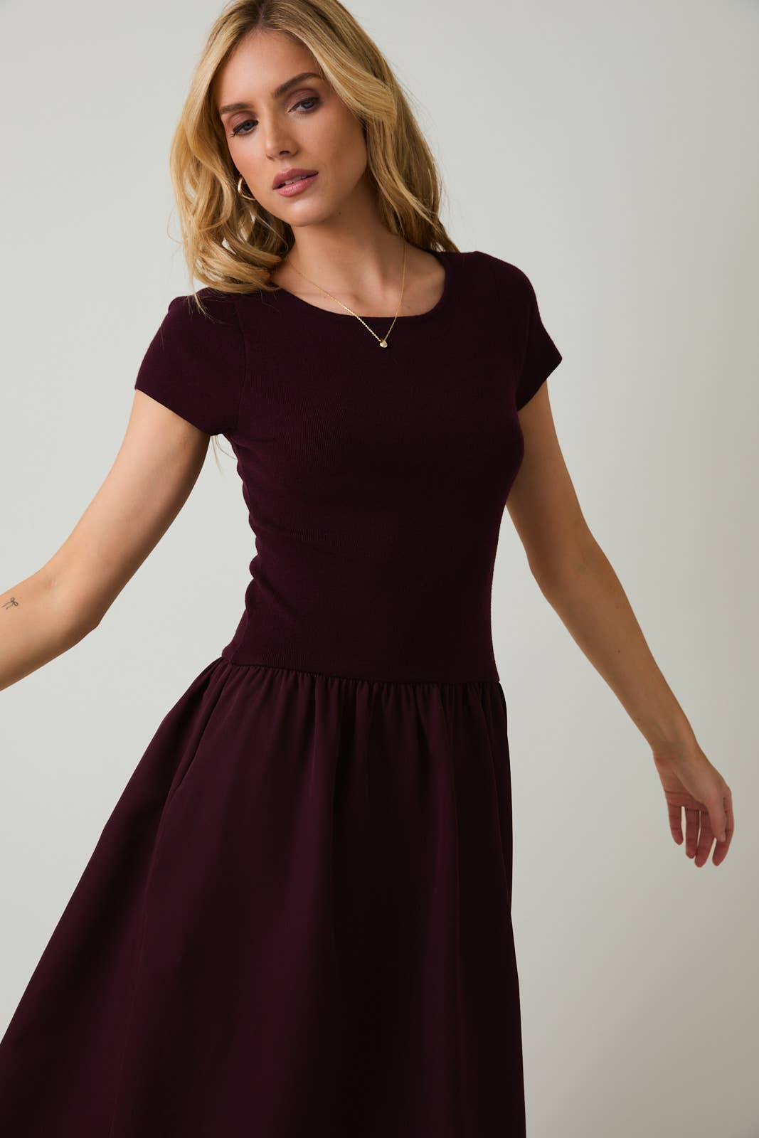 Mixed Media Midi Dress - Burgundy Knit & Woven Small Mixed Media Midi Dress - Burgundy Knit & Woven Small