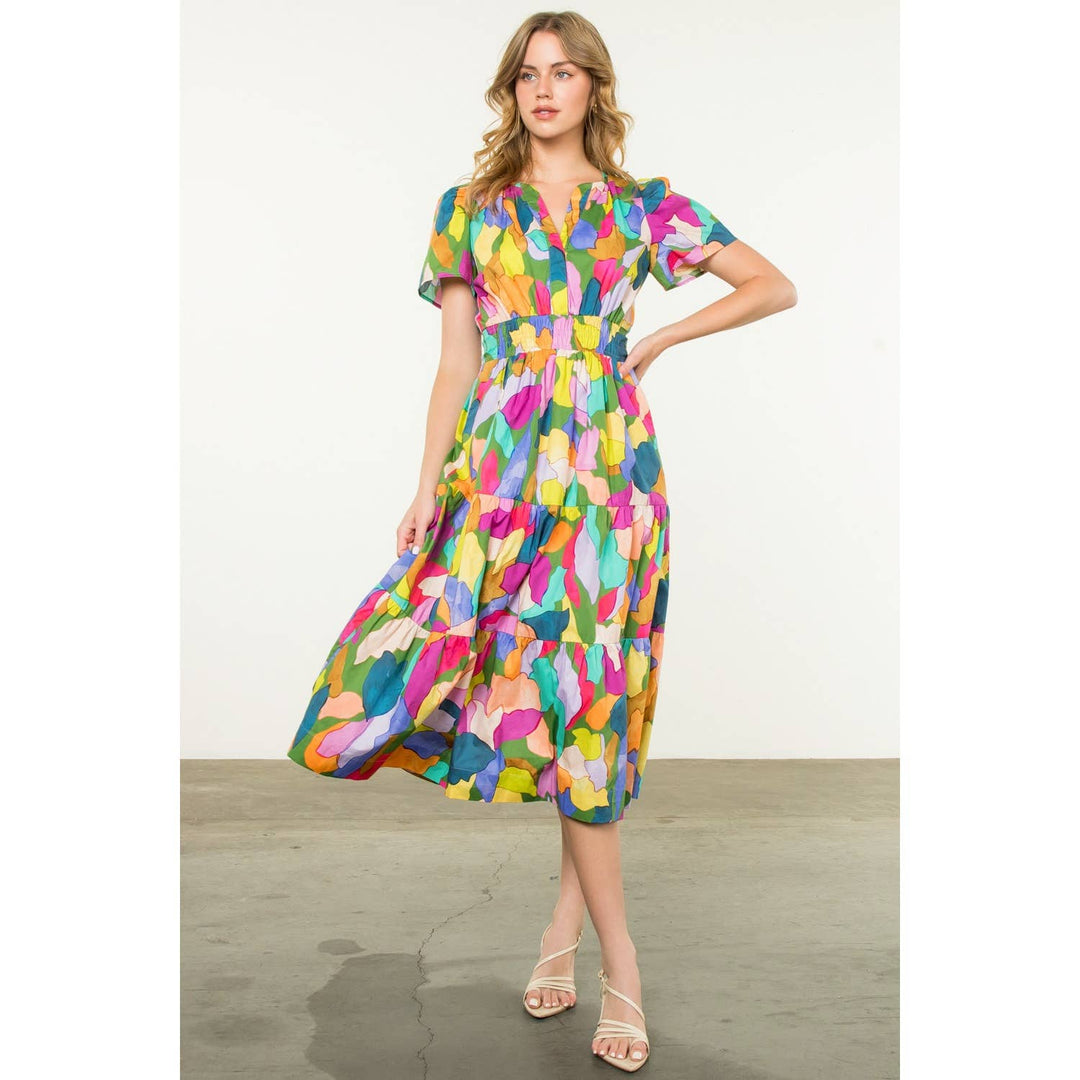 Multi - colored Tiered Print Dress - The Color Collab