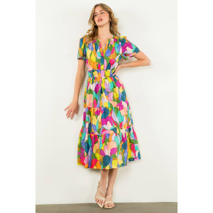 Multi - colored Tiered Print Dress - The Color Collab