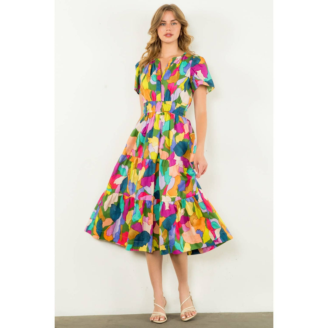 Multi - colored Tiered Print Dress - The Color Collab