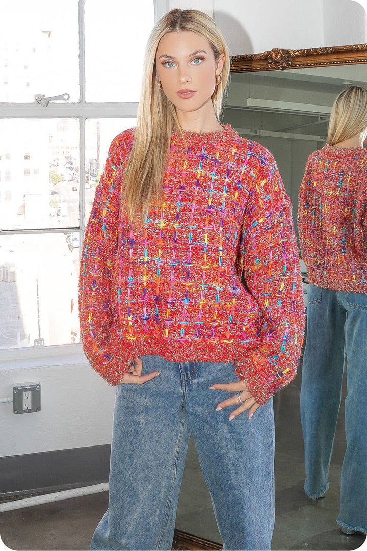 Multi Tweed Pullover Knit Sweater - The Color Collab