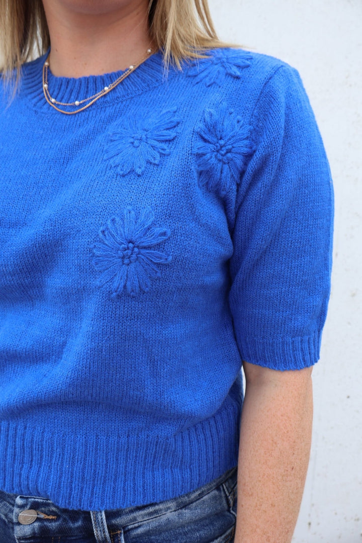 Pinch Short Sleeve 3D embroidered floral sweater - The Color Collab