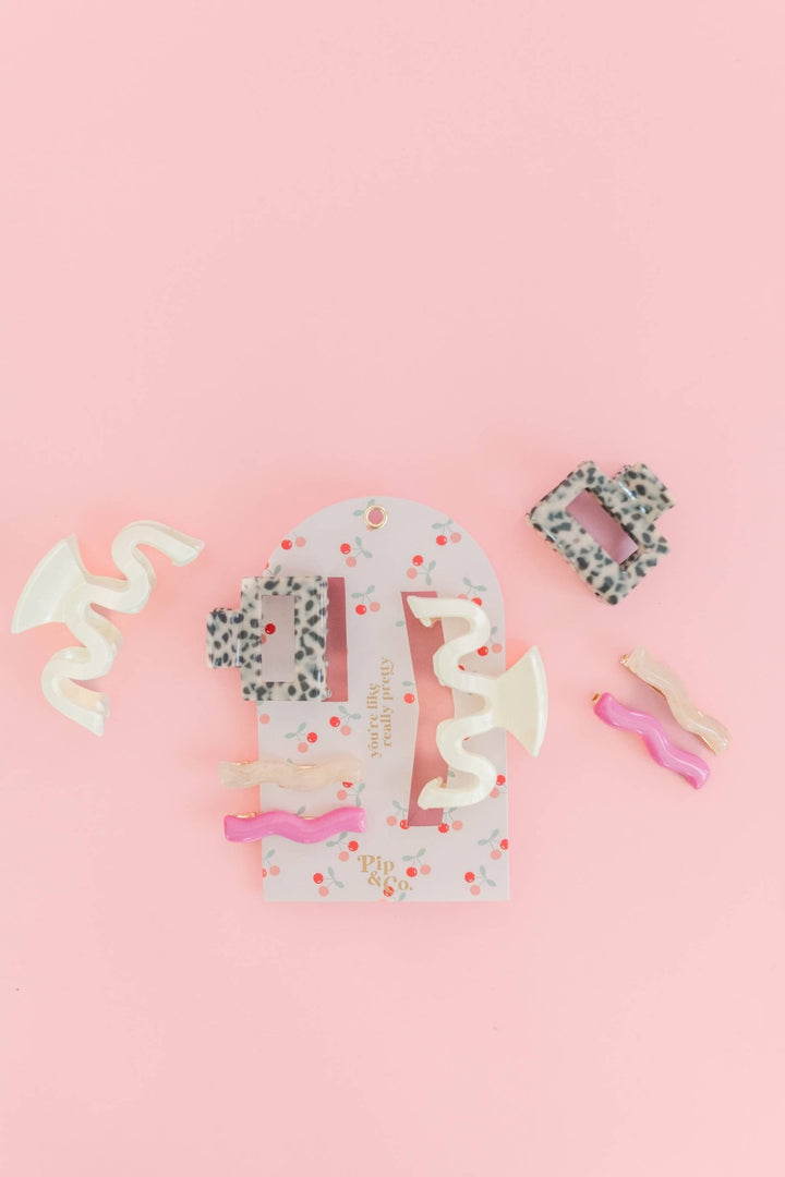 Pink Barrettes & Leopard Wavy Hair Clip Set  - The Color Collab