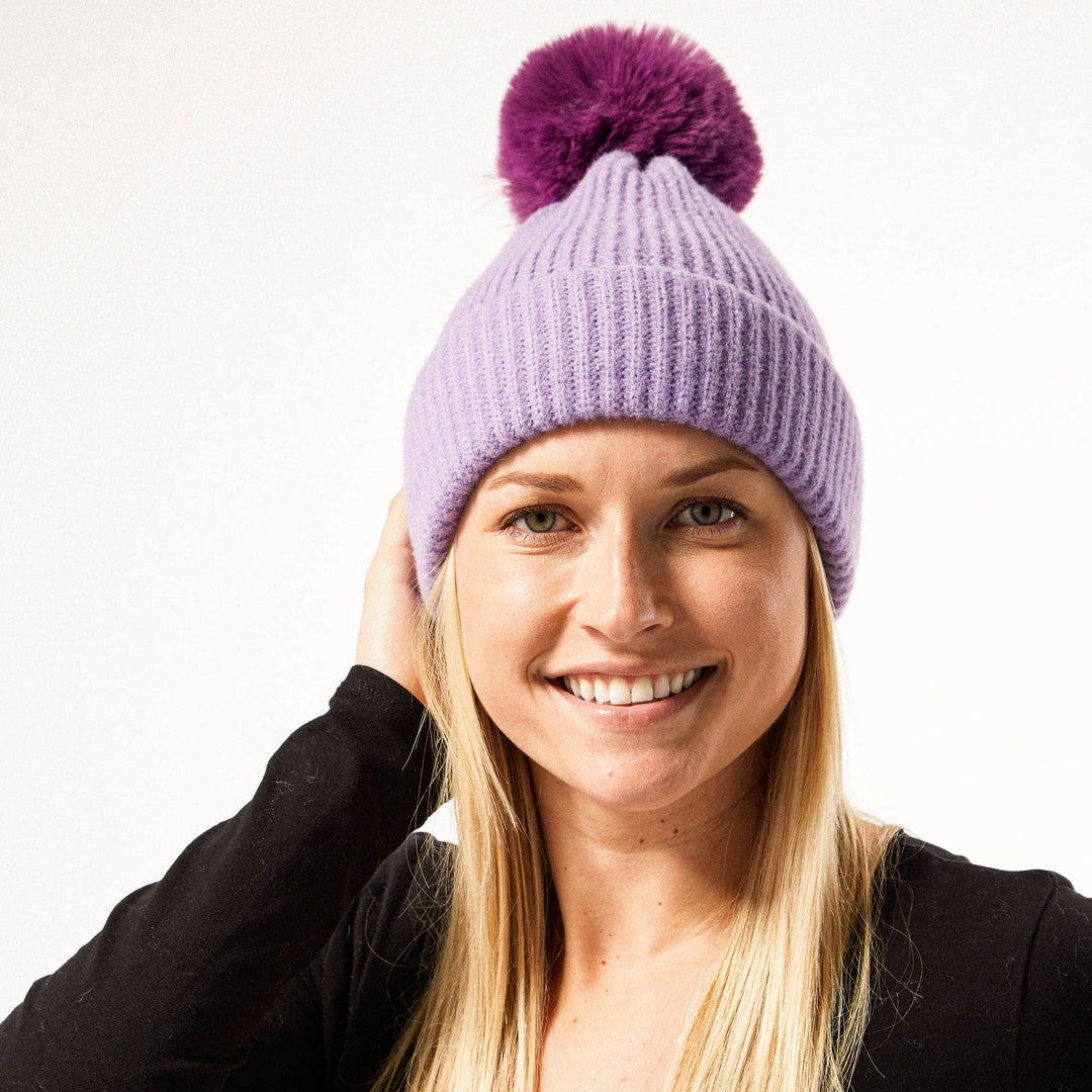 Plush Knit Pom Pom Beanie - Purple - The Color Collab
