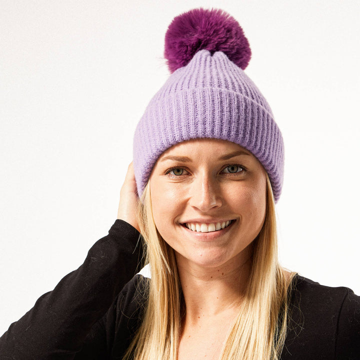 Plush Knit Pom Pom Beanie - Purple - The Color Collab