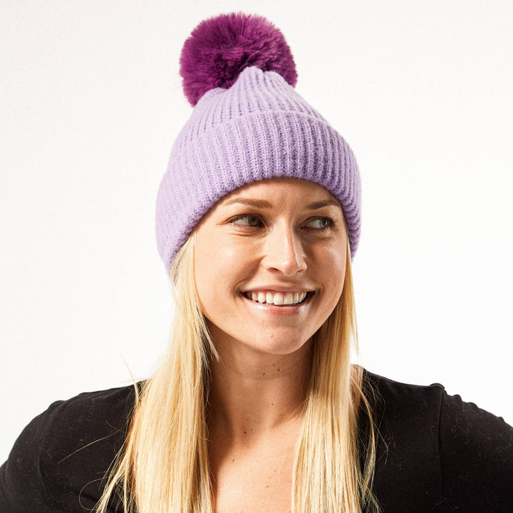 Plush Knit Pom Pom Beanie - Purple - The Color Collab