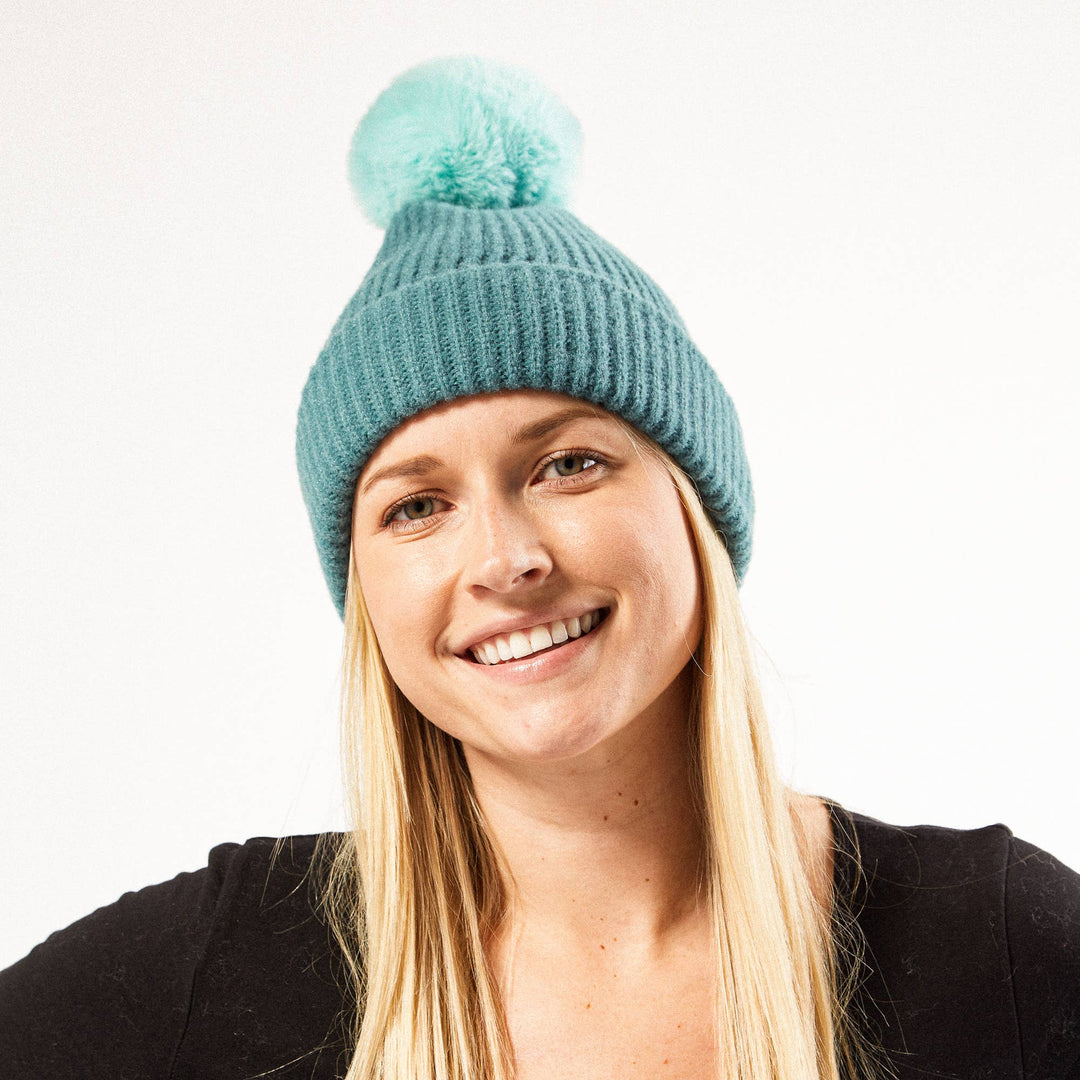 Plush Knit Pom Pom Beanie - Teal - The Color Collab