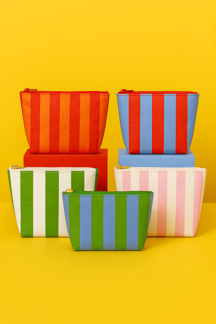 Preppy stripe pouch + cosmetic bag blue & green tyvek - The Color Collab
