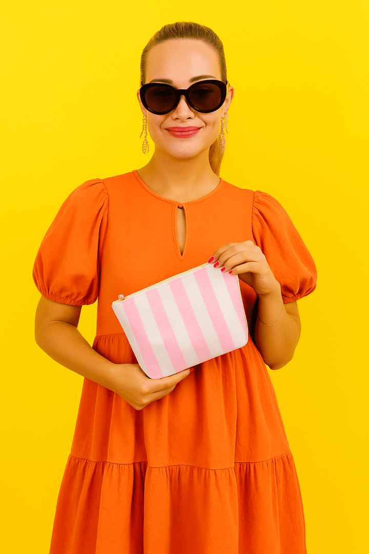 Preppy stripe pouch + cosmetic bag pink & white tyvek - The Color Collab