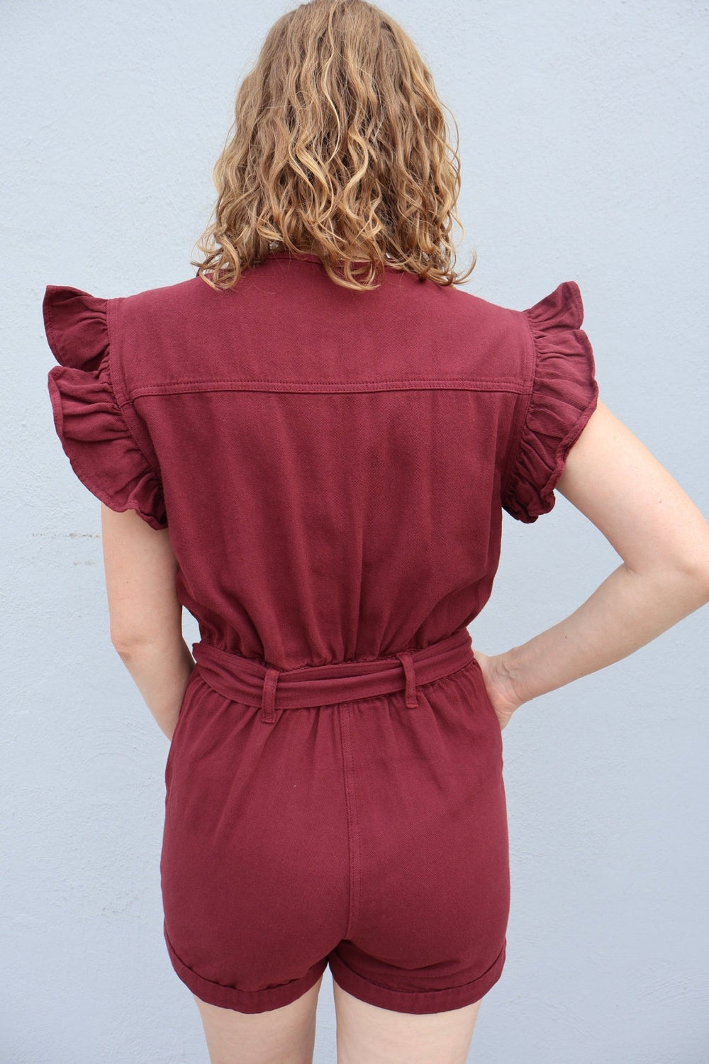 Ruffle Sleeve Denim Romper with belt - The Color Collab
