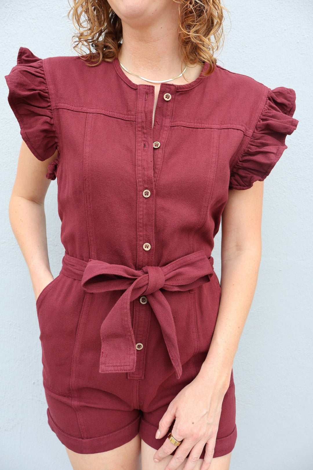 Ruffle Sleeve Denim Romper with belt - The Color Collab