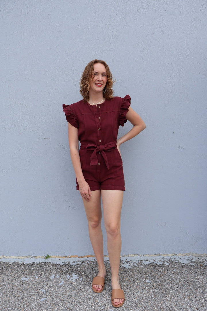 Ruffle Sleeve Denim Romper with belt - The Color Collab