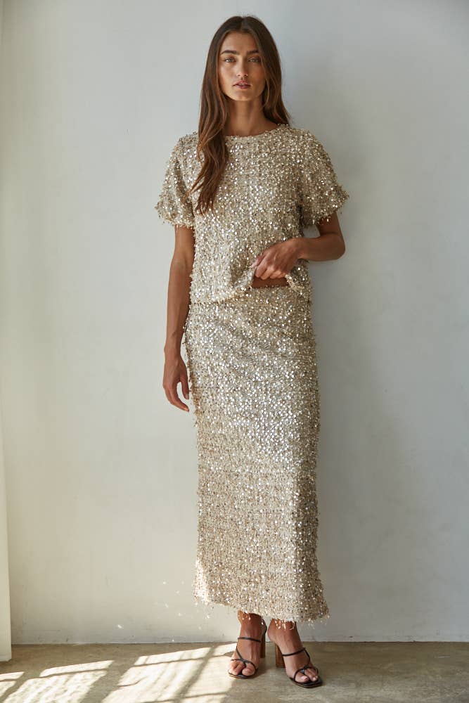 Sequin Round Neck Short Sleeve Top - The Color Collab