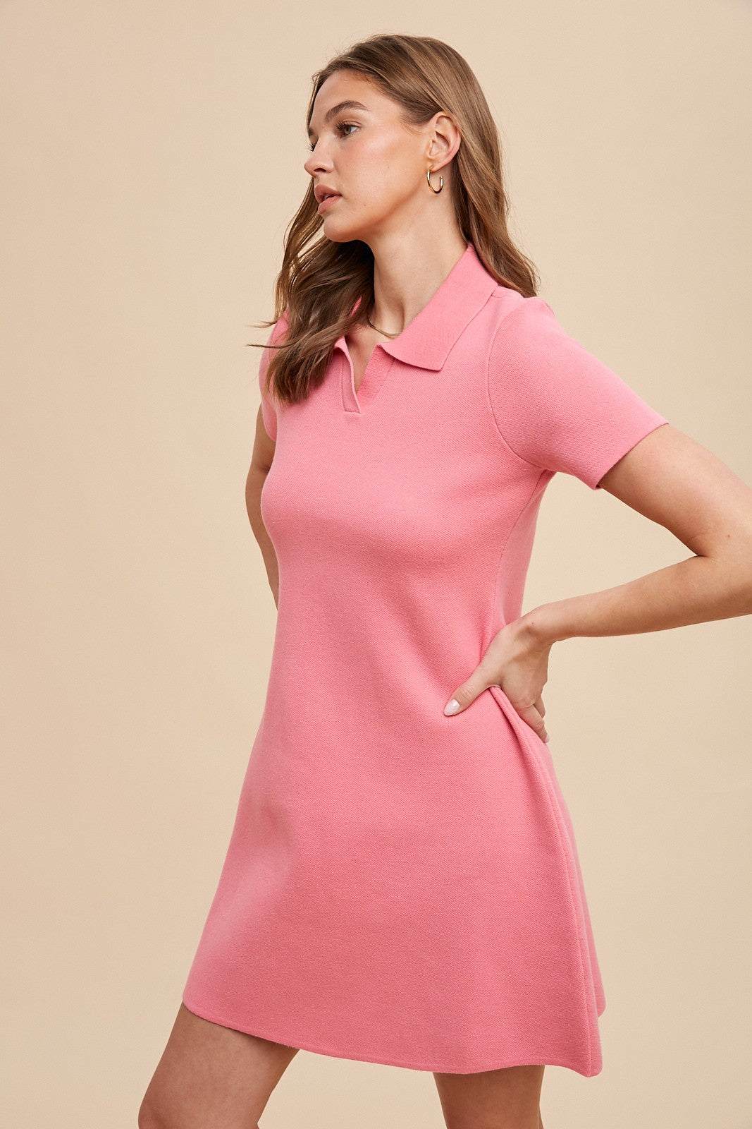 Spring Pink Short Sleeve Sweater Polo Dress - The Color Collab