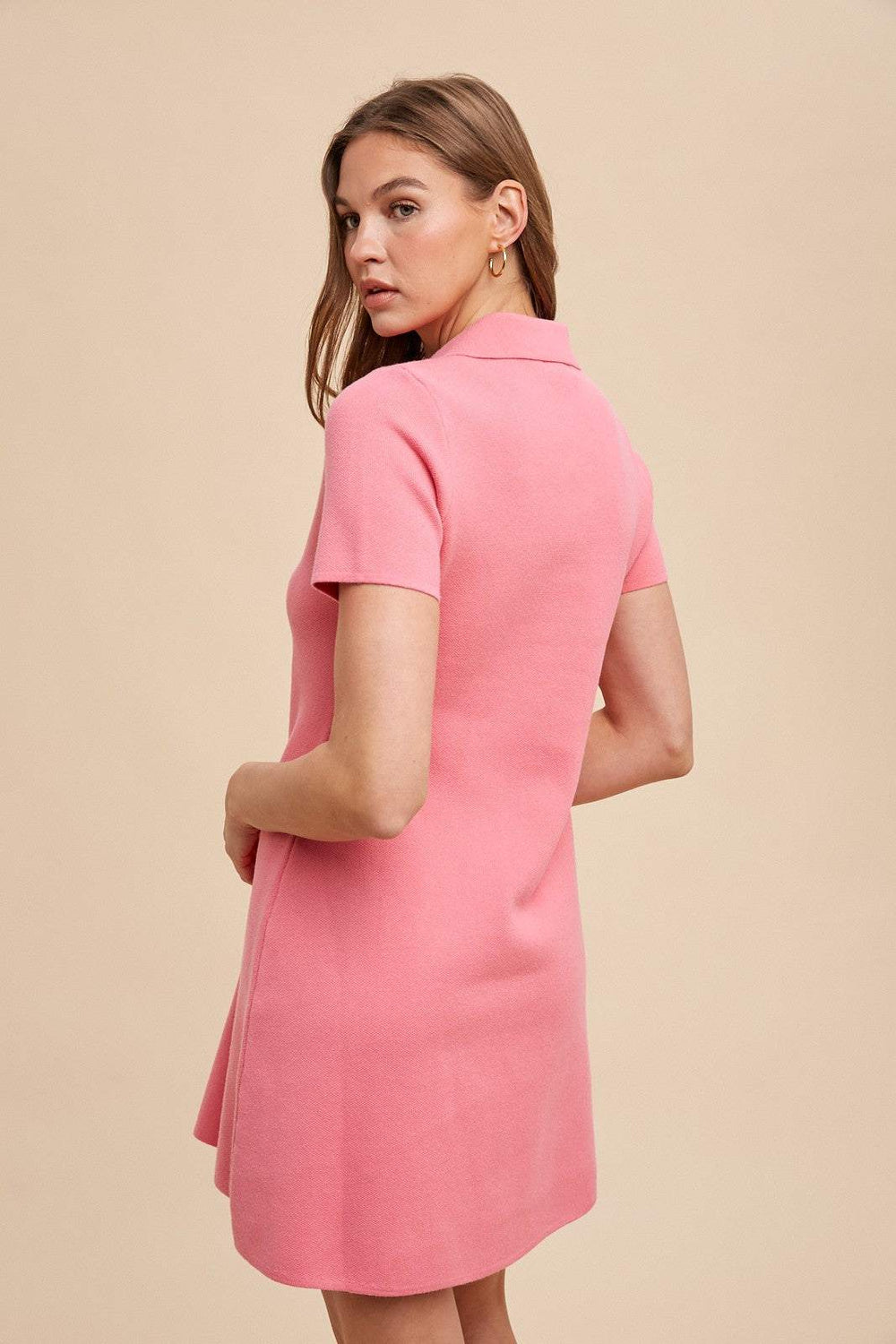 Spring Pink Short Sleeve Sweater Polo Dress - The Color Collab