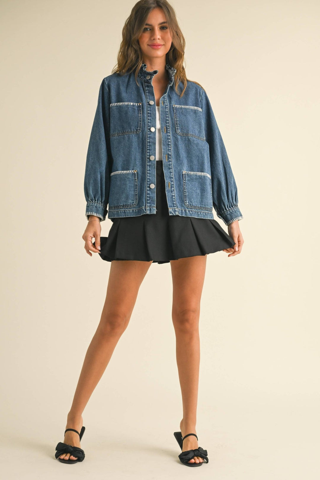 Stitch Detail Ruffled Denim Jacket - The Color Collab