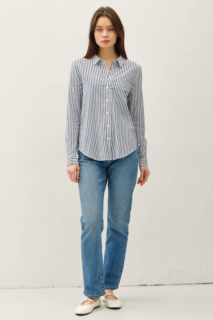 STRIPED LONG SLEEVE COLLARED BUTTON UP SHIRTS - DENIM - The Color Collab