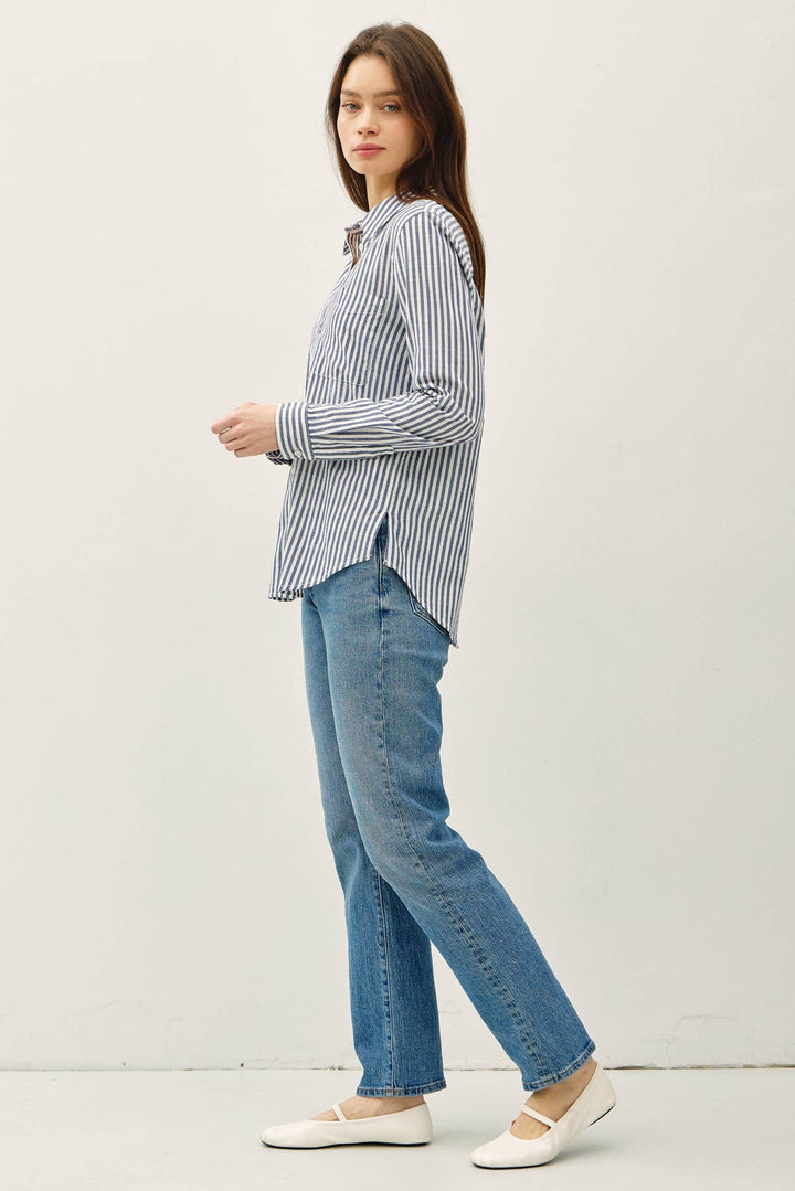 STRIPED LONG SLEEVE COLLARED BUTTON UP SHIRTS - DENIM - The Color Collab